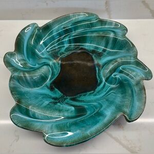 Vintage Blue Mountain Pottery Scalloped Edge Platter Turquoise Green Drip Glaze